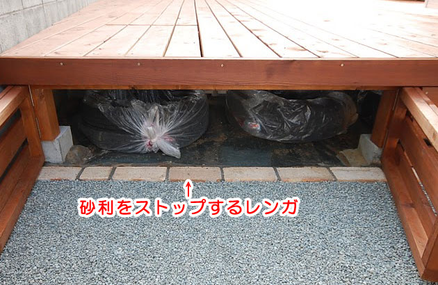 雑草対策にウッドデッキ 床下収納付だからタイヤや荷物がたくさん仕舞えます 神奈川県鎌倉市