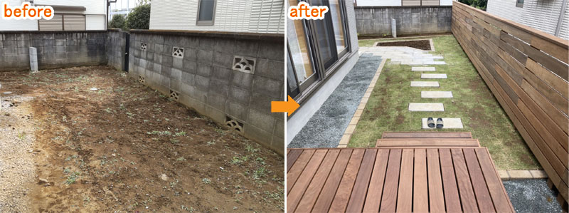 お客様の声/グリーンパトロールの口コミ、評判~川崎市F様 新築後そのままの庭をリフォーム!デッキ・芝・フェンス施工例・感想・口コミ・評判
