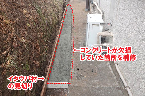 ←コンクリートが欠損していた箇所を補修～横浜市 ノーメンテナンスの防草シート・砂利敷き雑草対策工事 無人・誰も住んでいない空き家のお庭のおすすめ管理法